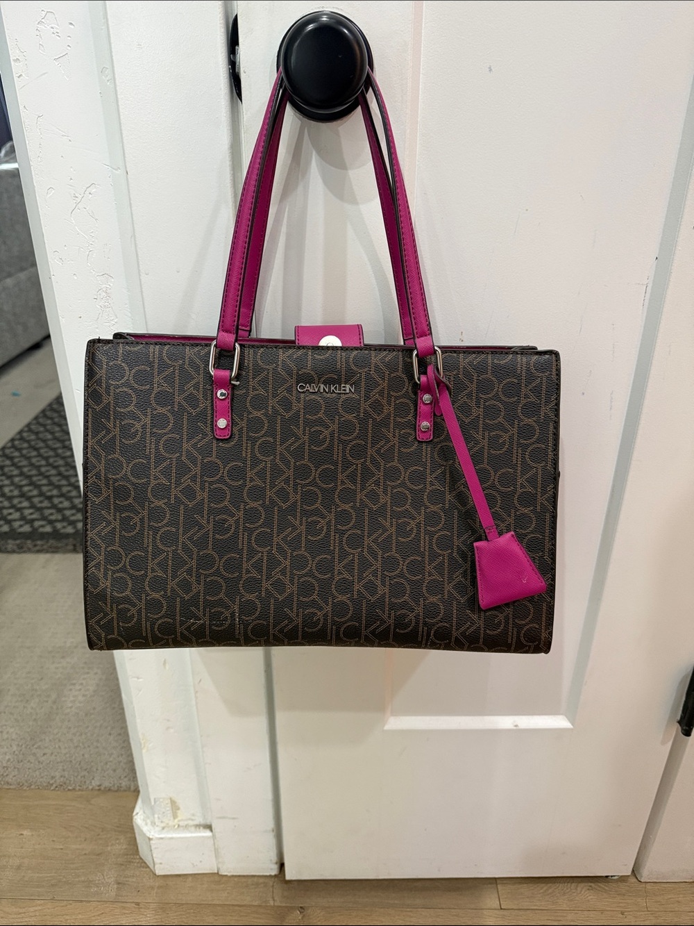 Calvin Klein Brown Monogram Tote with Fuchsia Trim